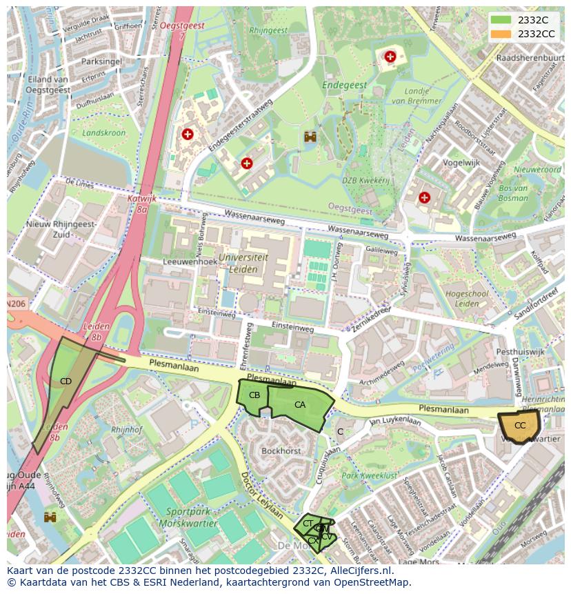 Afbeelding van het postcodegebied 2332 CC op de kaart.