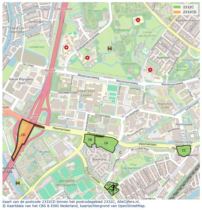 Afbeelding van het postcodegebied 2332 CD op de kaart.