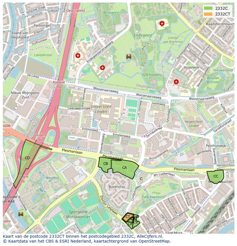 Afbeelding van het postcodegebied 2332 CT op de kaart.