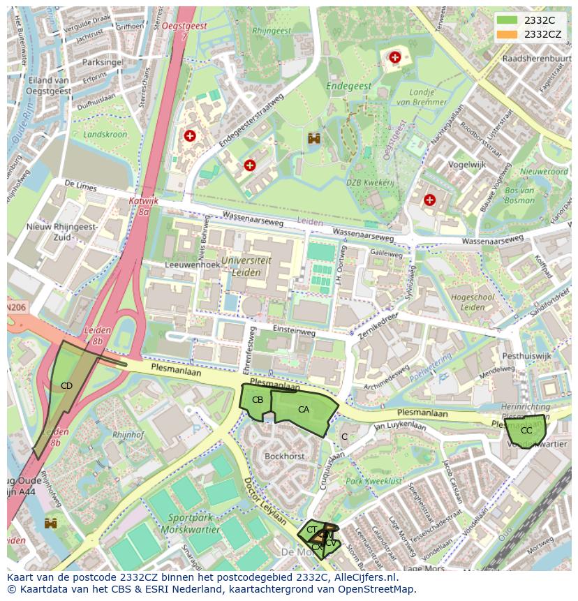 Afbeelding van het postcodegebied 2332 CZ op de kaart.
