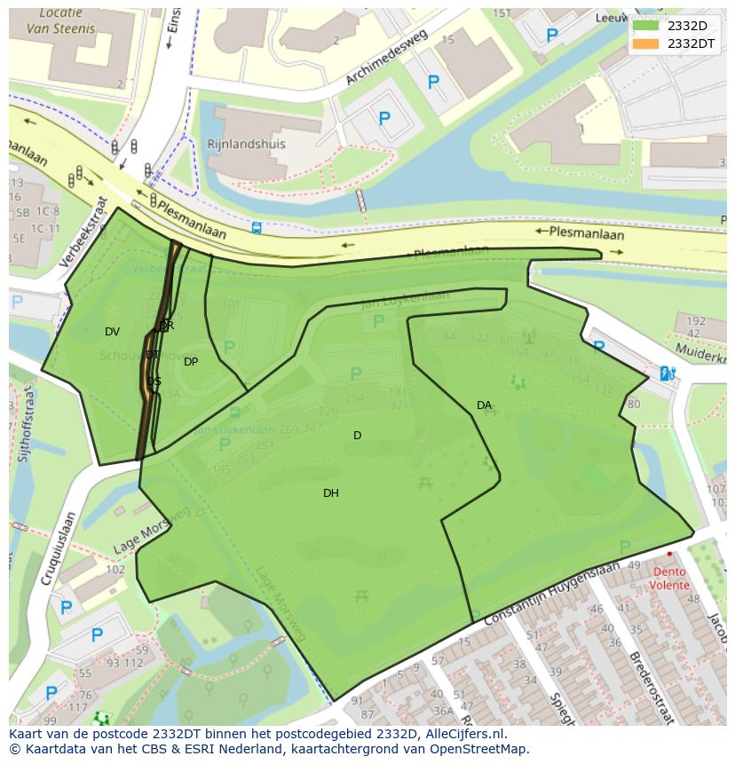 Afbeelding van het postcodegebied 2332 DT op de kaart.