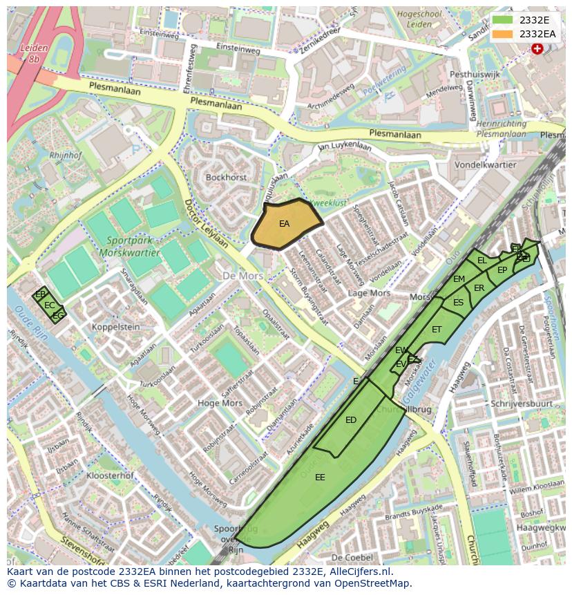 Afbeelding van het postcodegebied 2332 EA op de kaart.