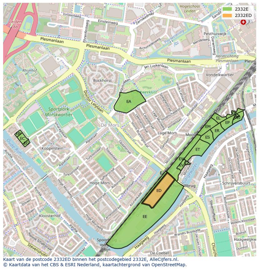 Afbeelding van het postcodegebied 2332 ED op de kaart.