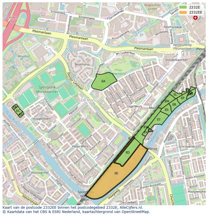 Afbeelding van het postcodegebied 2332 EE op de kaart.