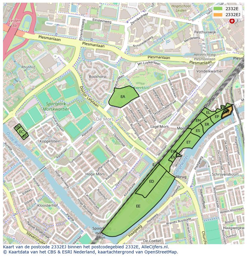 Afbeelding van het postcodegebied 2332 EJ op de kaart.