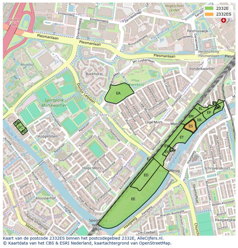 Afbeelding van het postcodegebied 2332 ES op de kaart.