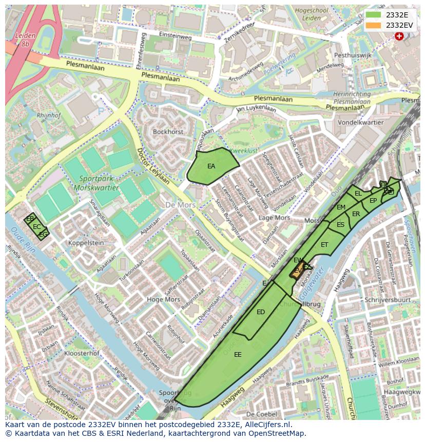 Afbeelding van het postcodegebied 2332 EV op de kaart.