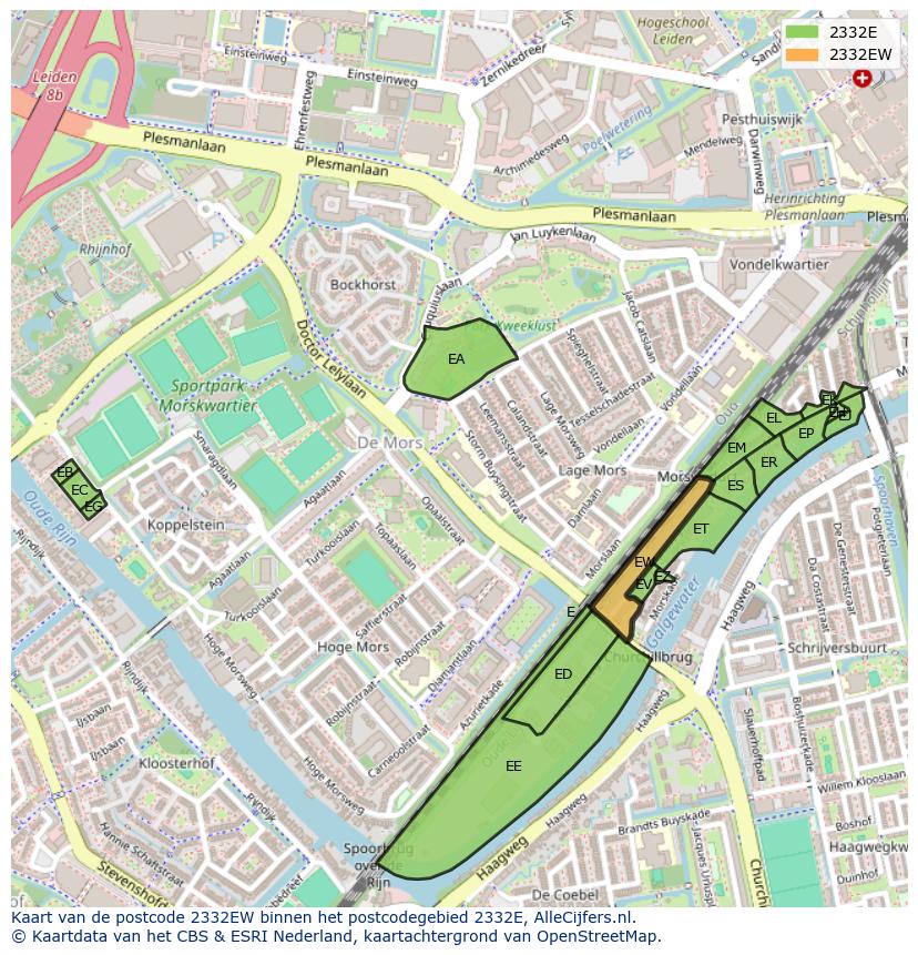 Afbeelding van het postcodegebied 2332 EW op de kaart.
