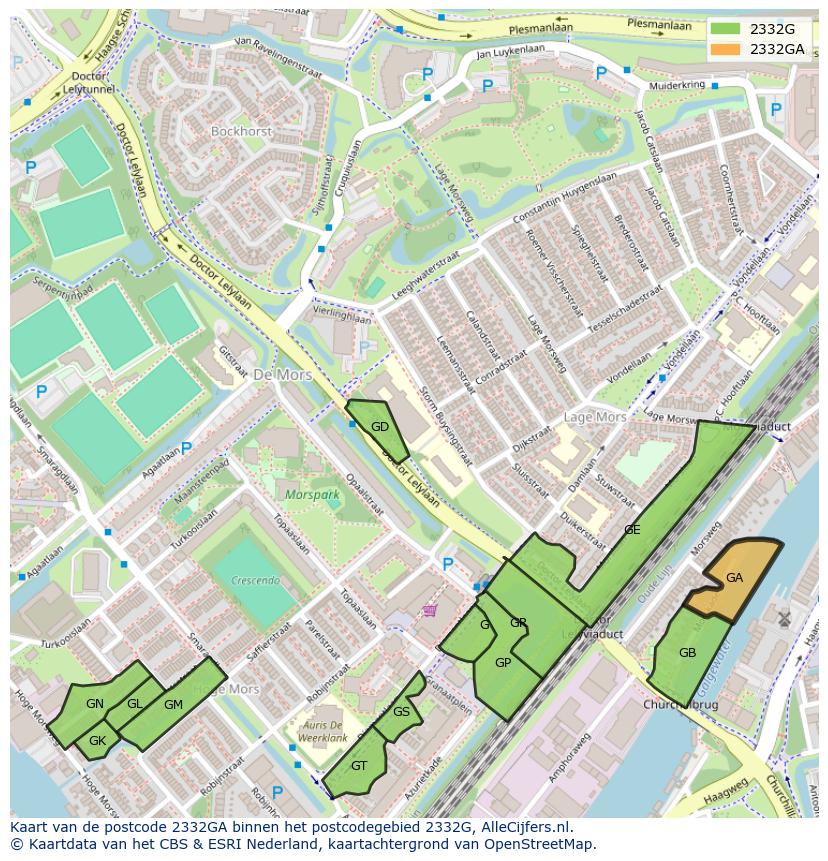 Afbeelding van het postcodegebied 2332 GA op de kaart.