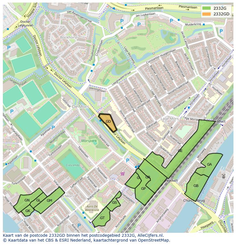 Afbeelding van het postcodegebied 2332 GD op de kaart.