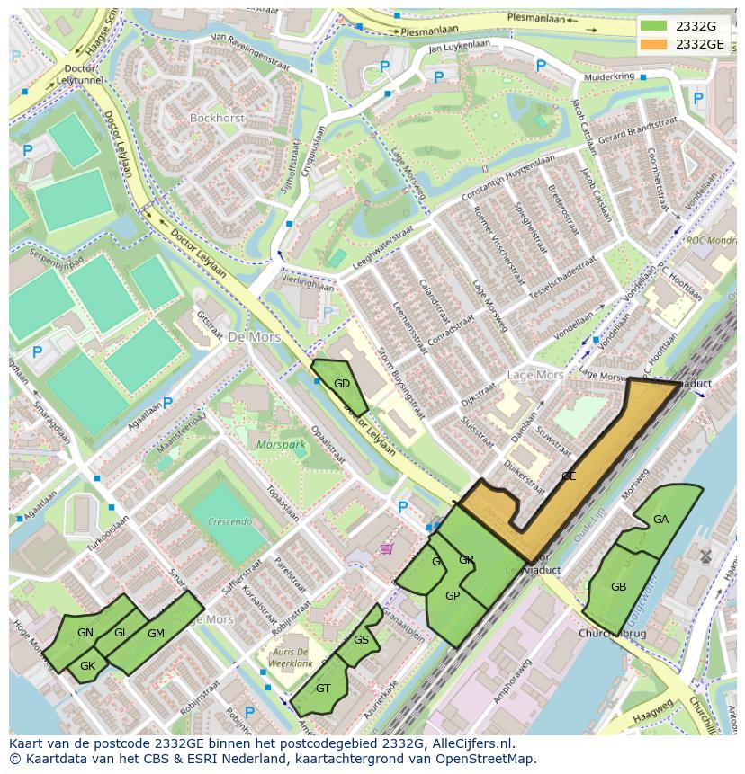 Afbeelding van het postcodegebied 2332 GE op de kaart.