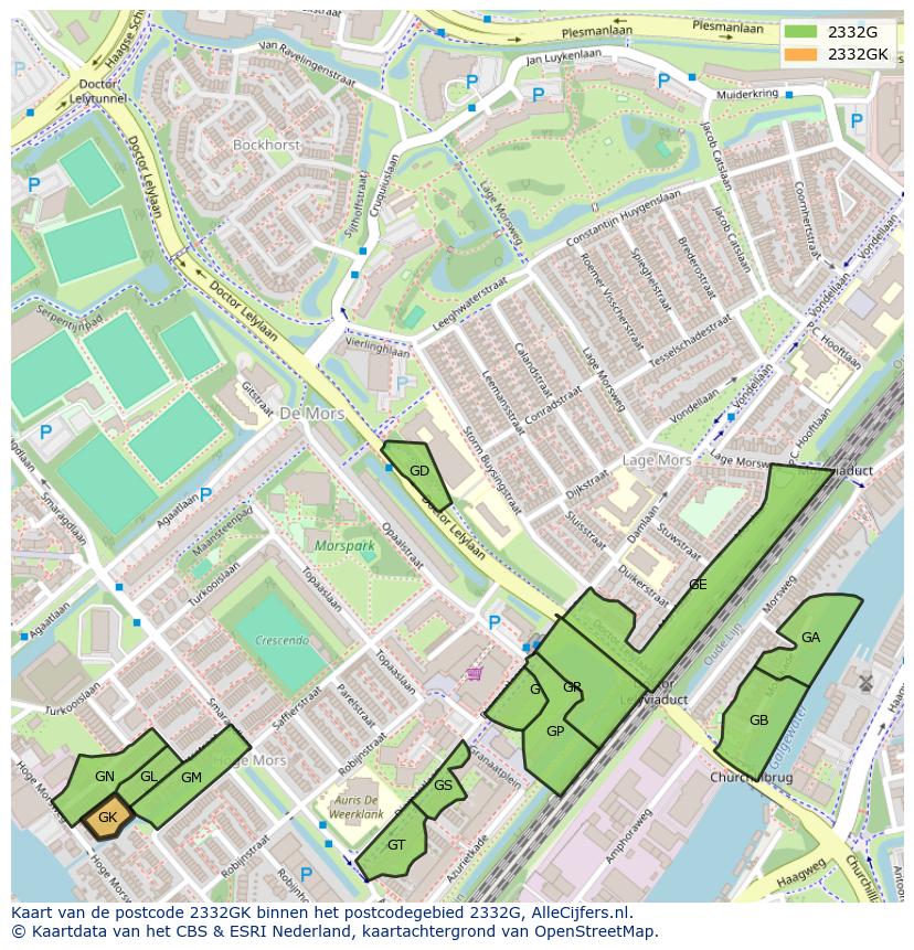 Afbeelding van het postcodegebied 2332 GK op de kaart.