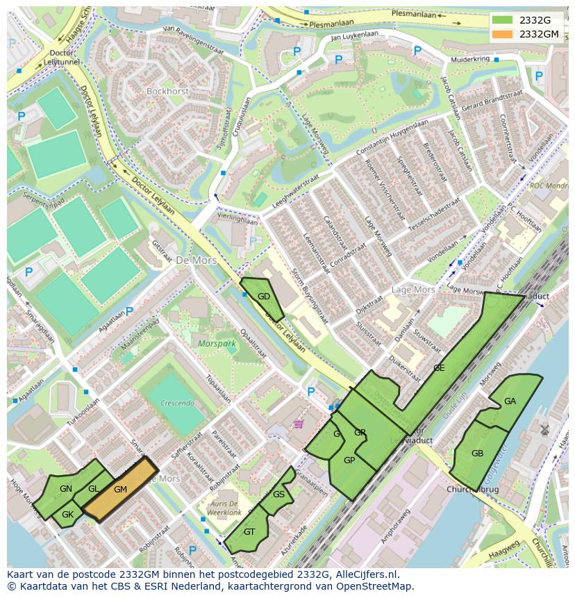 Afbeelding van het postcodegebied 2332 GM op de kaart.