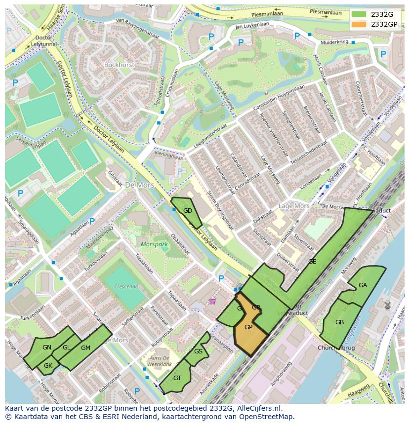 Afbeelding van het postcodegebied 2332 GP op de kaart.