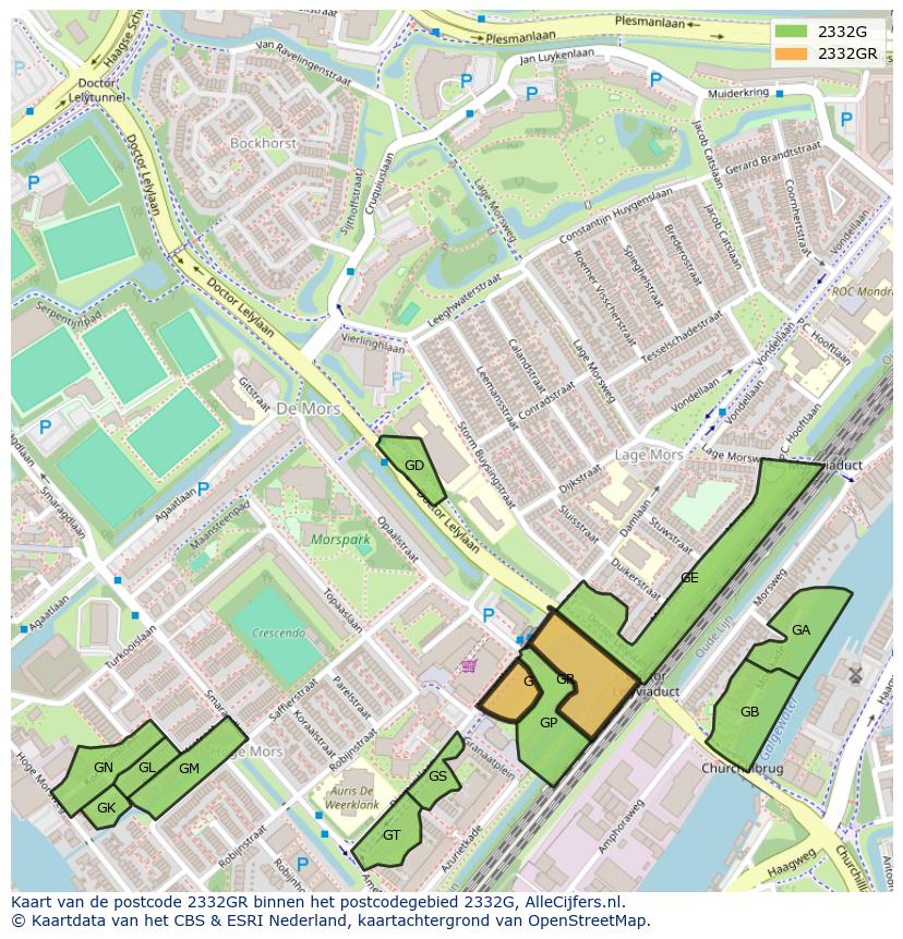Afbeelding van het postcodegebied 2332 GR op de kaart.