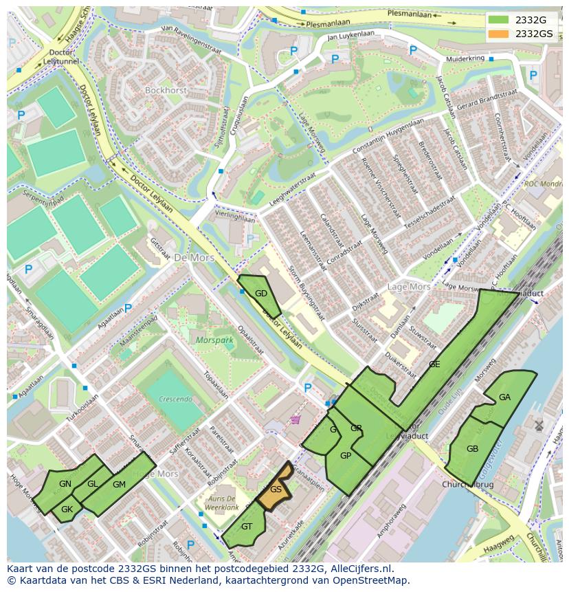 Afbeelding van het postcodegebied 2332 GS op de kaart.