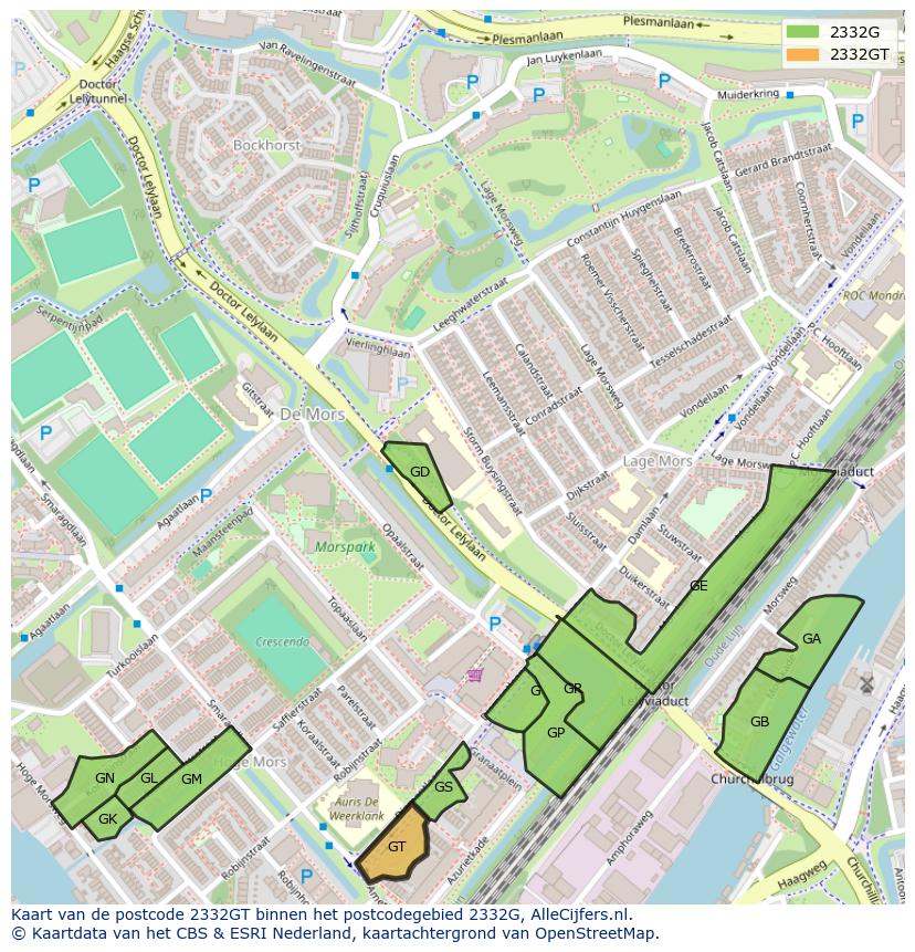 Afbeelding van het postcodegebied 2332 GT op de kaart.