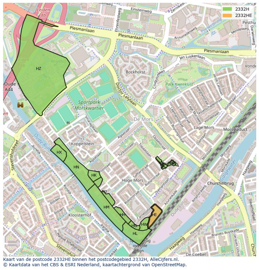 Afbeelding van het postcodegebied 2332 HE op de kaart.