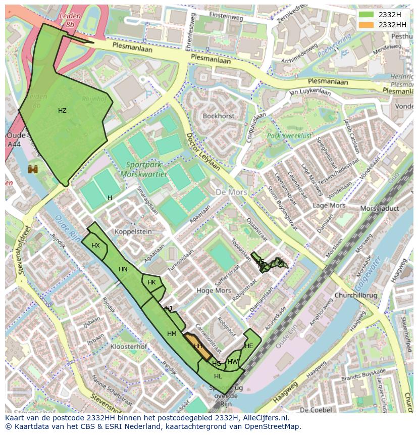 Afbeelding van het postcodegebied 2332 HH op de kaart.