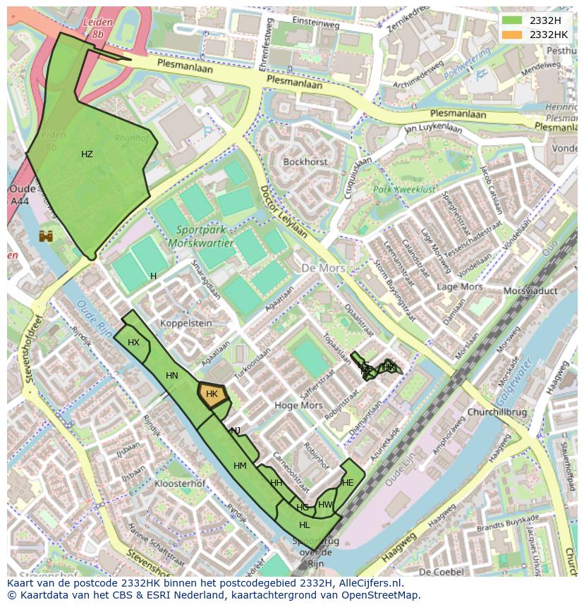 Afbeelding van het postcodegebied 2332 HK op de kaart.