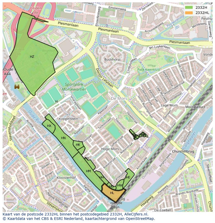 Afbeelding van het postcodegebied 2332 HL op de kaart.