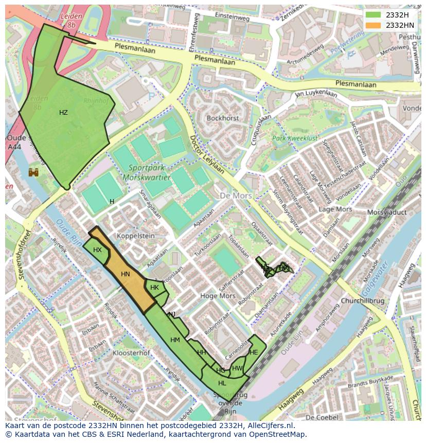 Afbeelding van het postcodegebied 2332 HN op de kaart.
