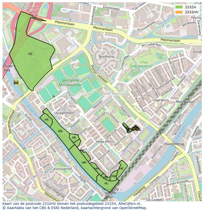 Afbeelding van het postcodegebied 2332 HV op de kaart.