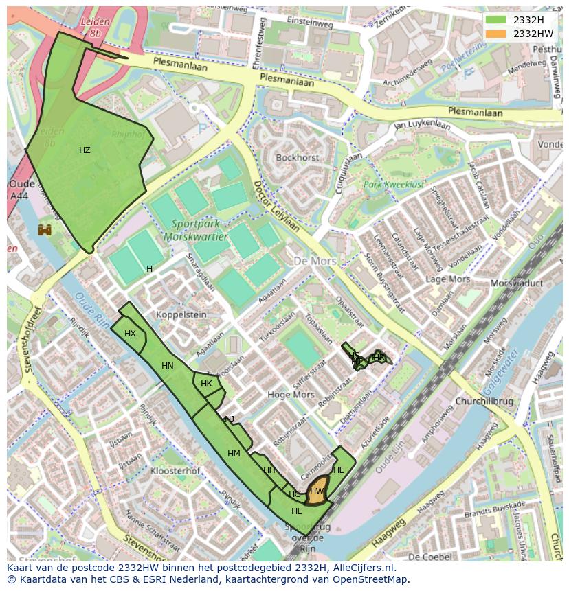 Afbeelding van het postcodegebied 2332 HW op de kaart.