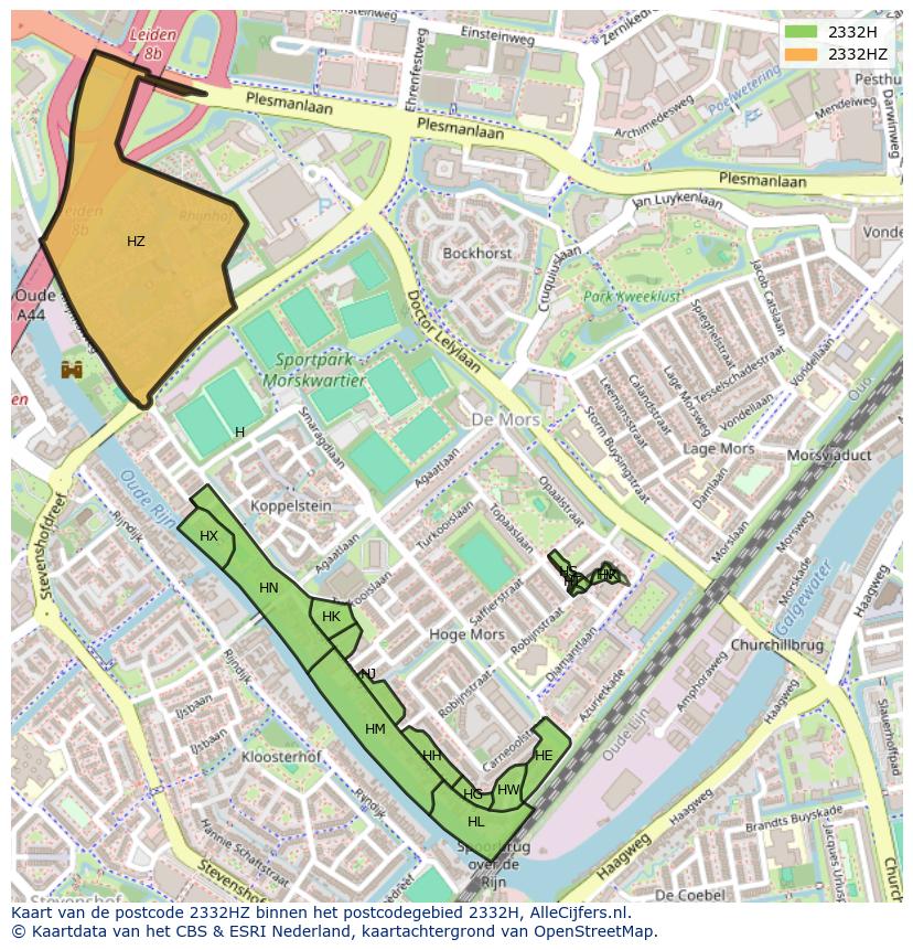 Afbeelding van het postcodegebied 2332 HZ op de kaart.