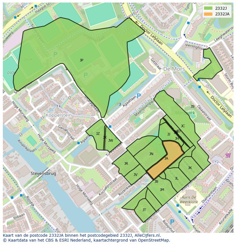 Afbeelding van het postcodegebied 2332 JA op de kaart.