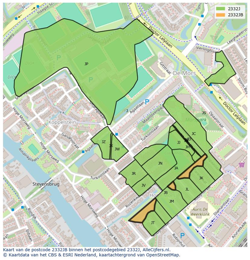 Afbeelding van het postcodegebied 2332 JB op de kaart.