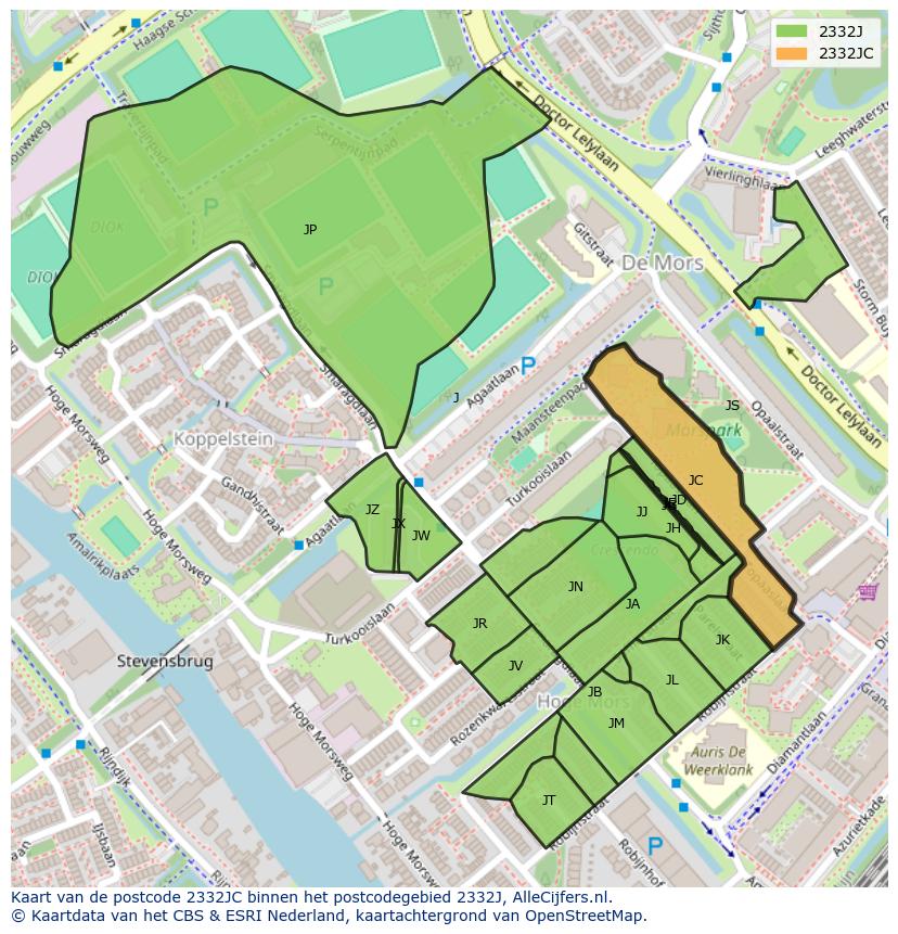 Afbeelding van het postcodegebied 2332 JC op de kaart.