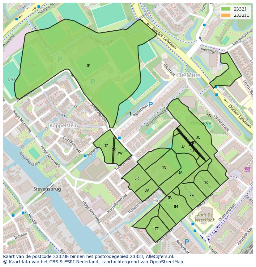 Afbeelding van het postcodegebied 2332 JE op de kaart.
