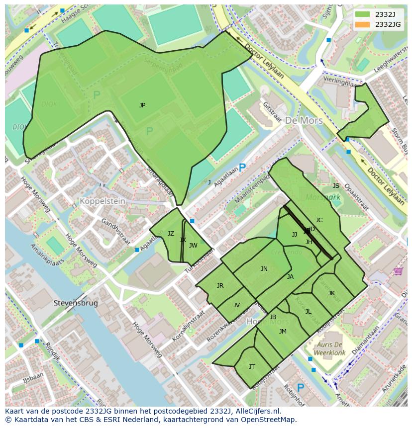 Afbeelding van het postcodegebied 2332 JG op de kaart.