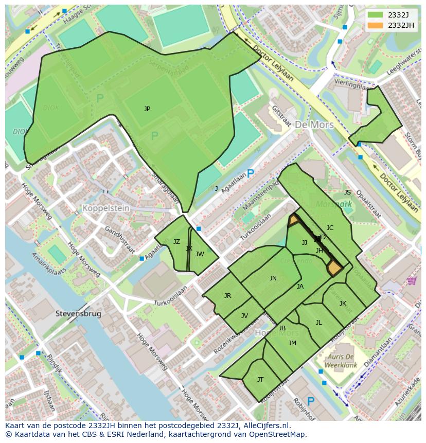 Afbeelding van het postcodegebied 2332 JH op de kaart.