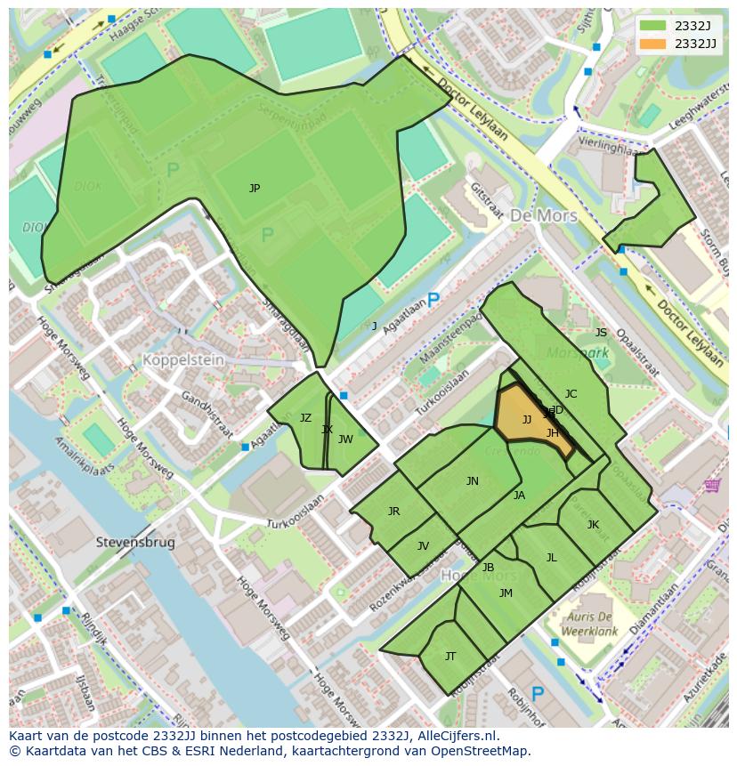 Afbeelding van het postcodegebied 2332 JJ op de kaart.