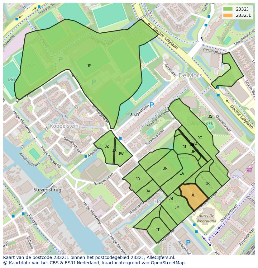 Afbeelding van het postcodegebied 2332 JL op de kaart.