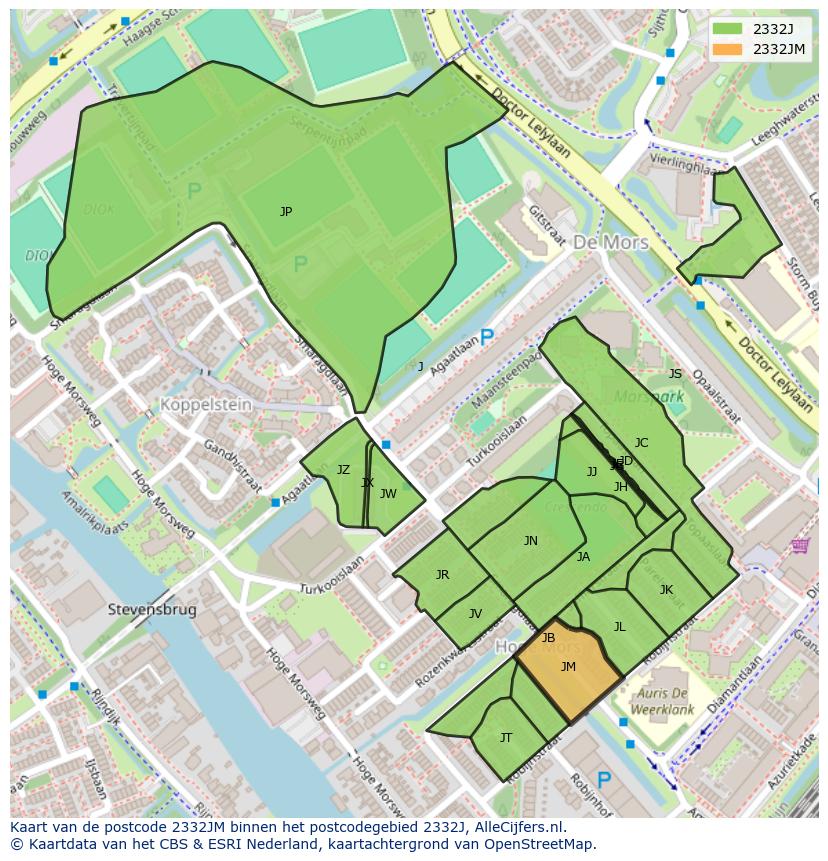 Afbeelding van het postcodegebied 2332 JM op de kaart.
