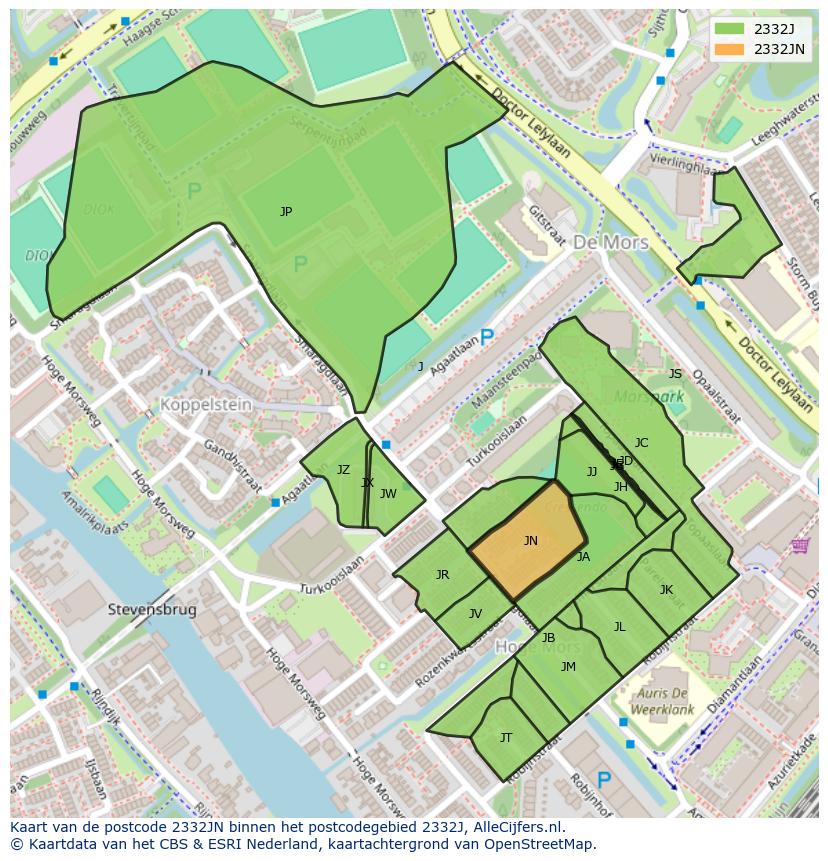 Afbeelding van het postcodegebied 2332 JN op de kaart.