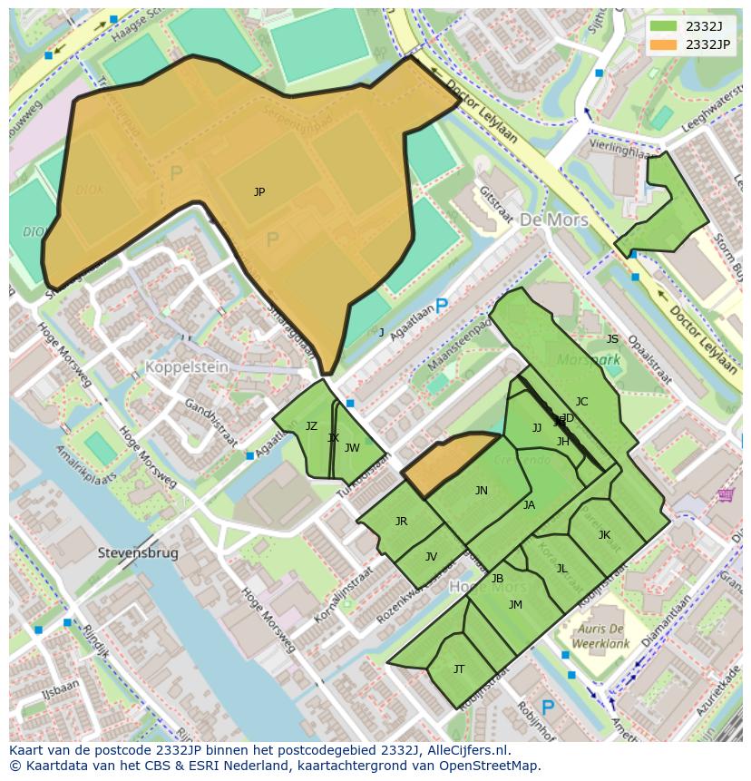 Afbeelding van het postcodegebied 2332 JP op de kaart.
