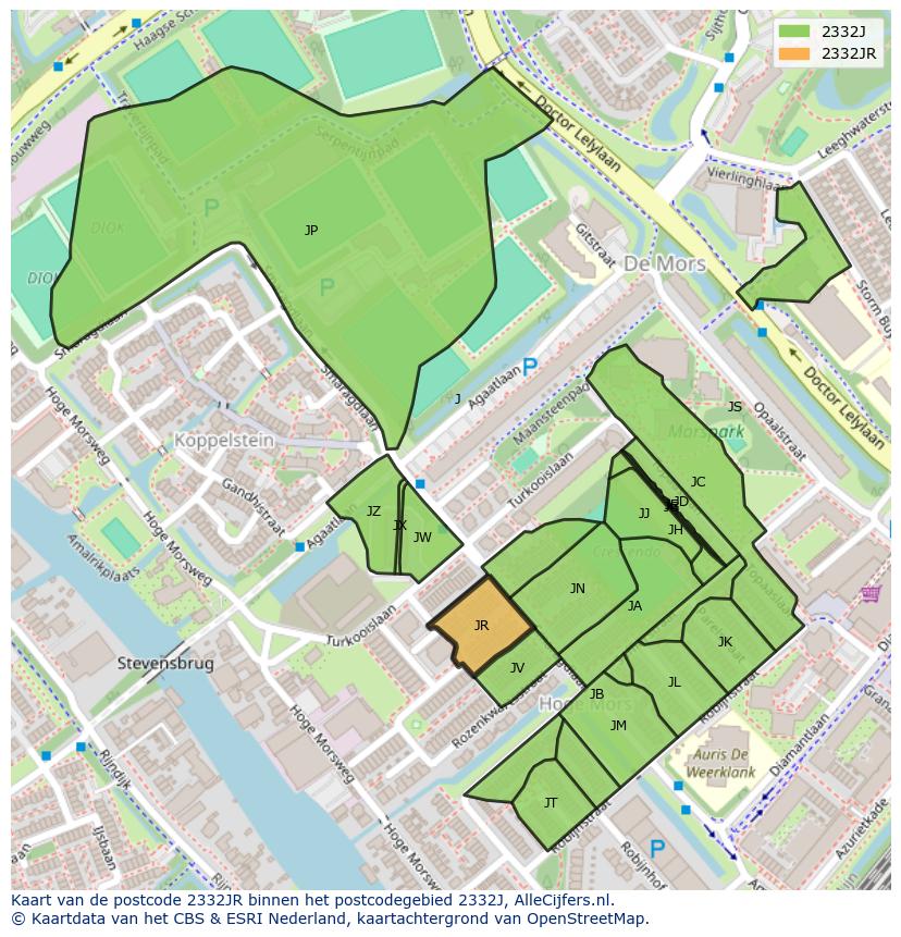 Afbeelding van het postcodegebied 2332 JR op de kaart.