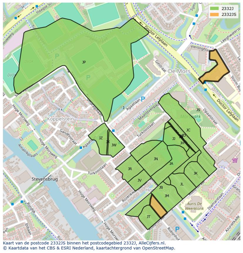 Afbeelding van het postcodegebied 2332 JS op de kaart.