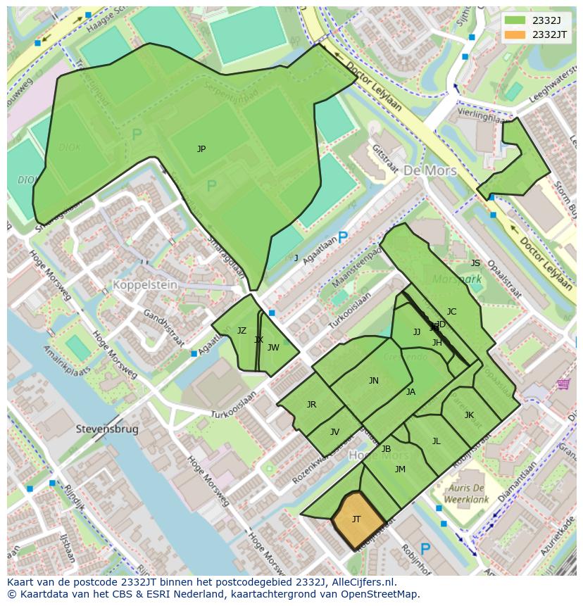 Afbeelding van het postcodegebied 2332 JT op de kaart.