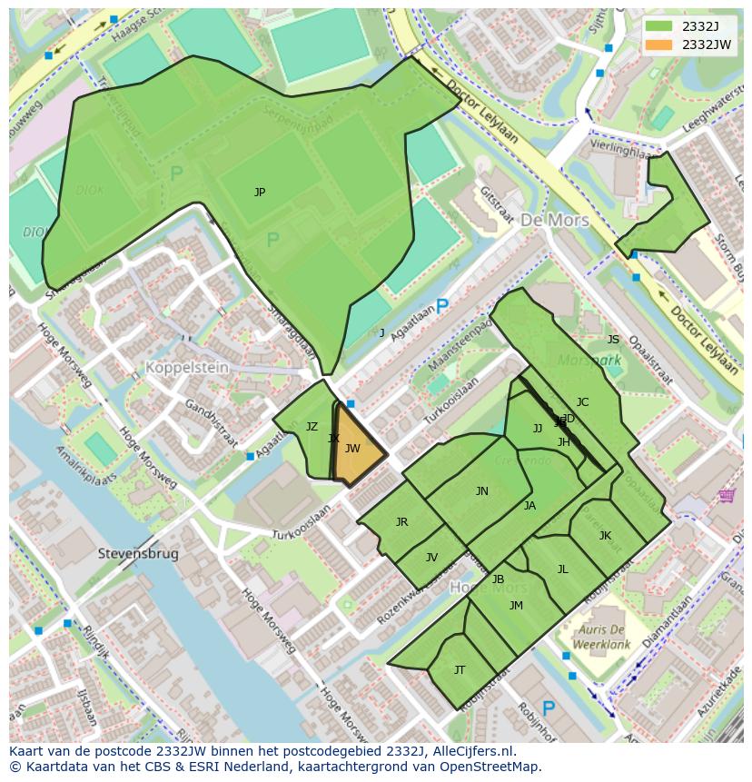 Afbeelding van het postcodegebied 2332 JW op de kaart.