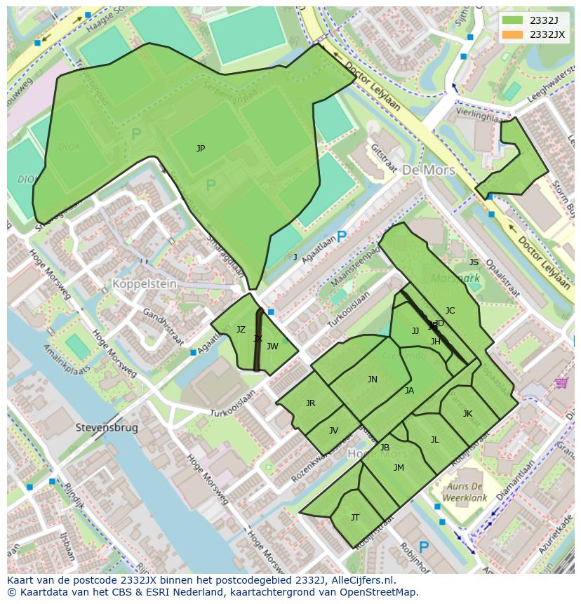Afbeelding van het postcodegebied 2332 JX op de kaart.