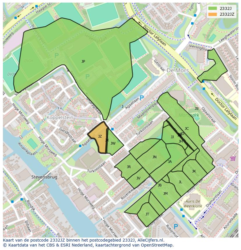 Afbeelding van het postcodegebied 2332 JZ op de kaart.