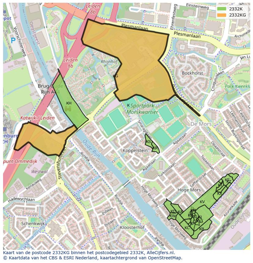 Afbeelding van het postcodegebied 2332 KG op de kaart.