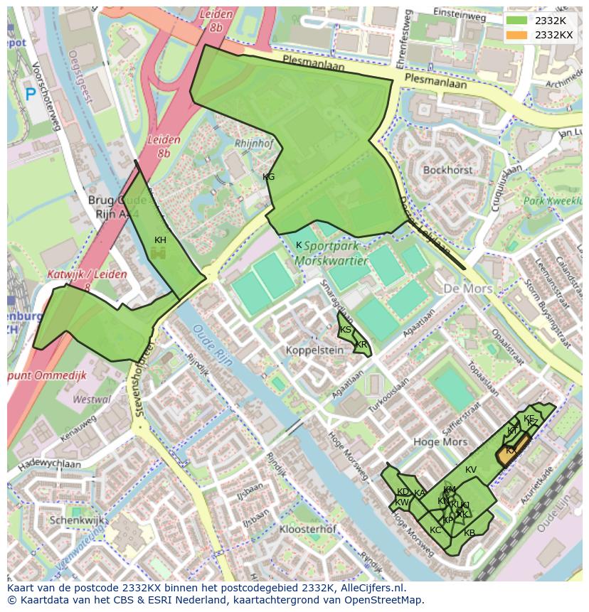 Afbeelding van het postcodegebied 2332 KX op de kaart.