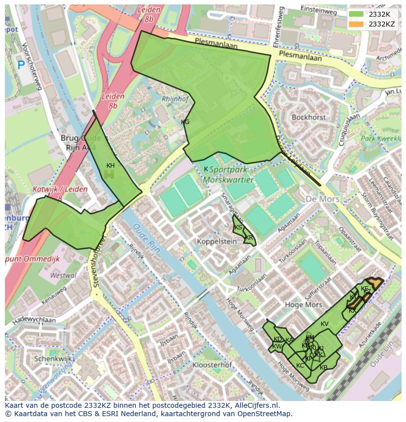 Afbeelding van het postcodegebied 2332 KZ op de kaart.