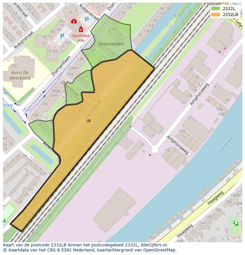 Afbeelding van het postcodegebied 2332 LB op de kaart.